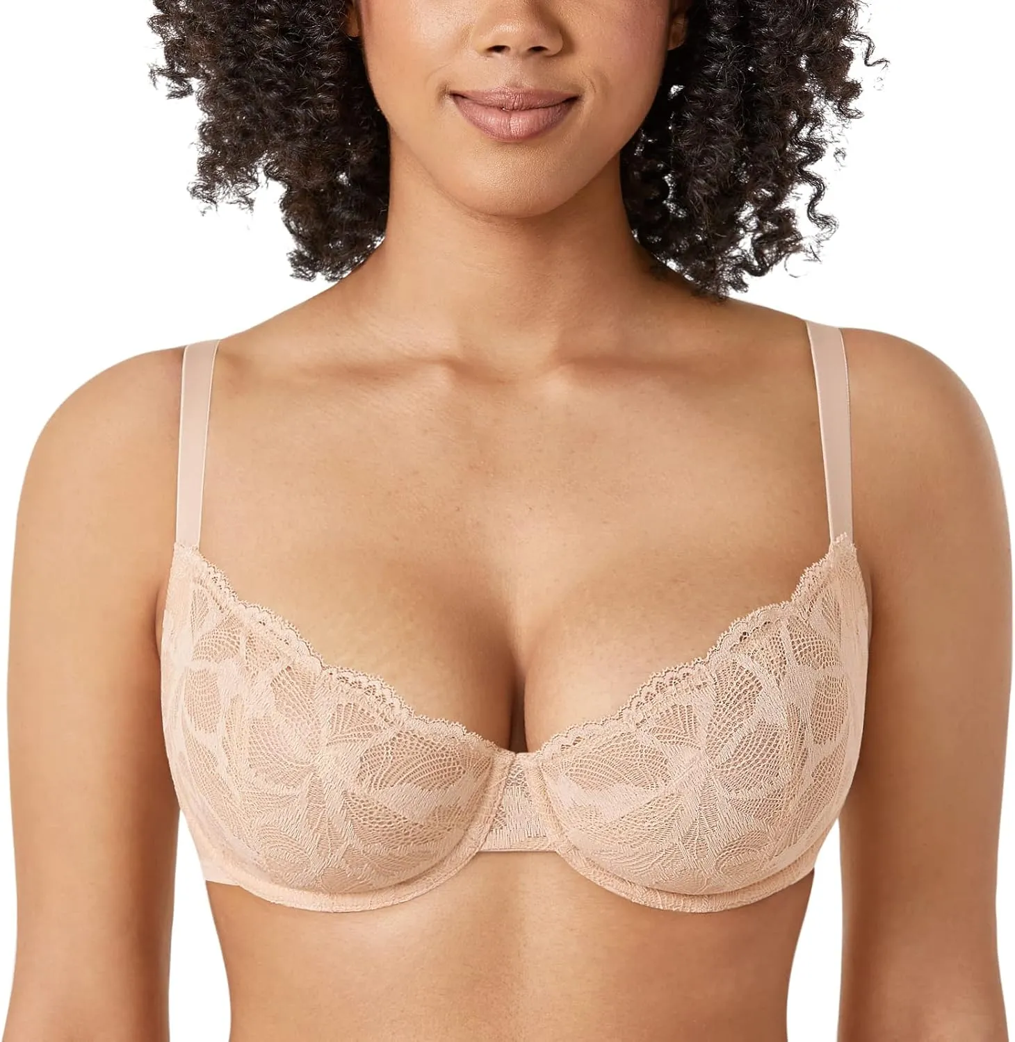 DELIMIRA Women's Balconette Bra Plus Size Lace Sexy Underwire Unlined Push Up See Through Bras