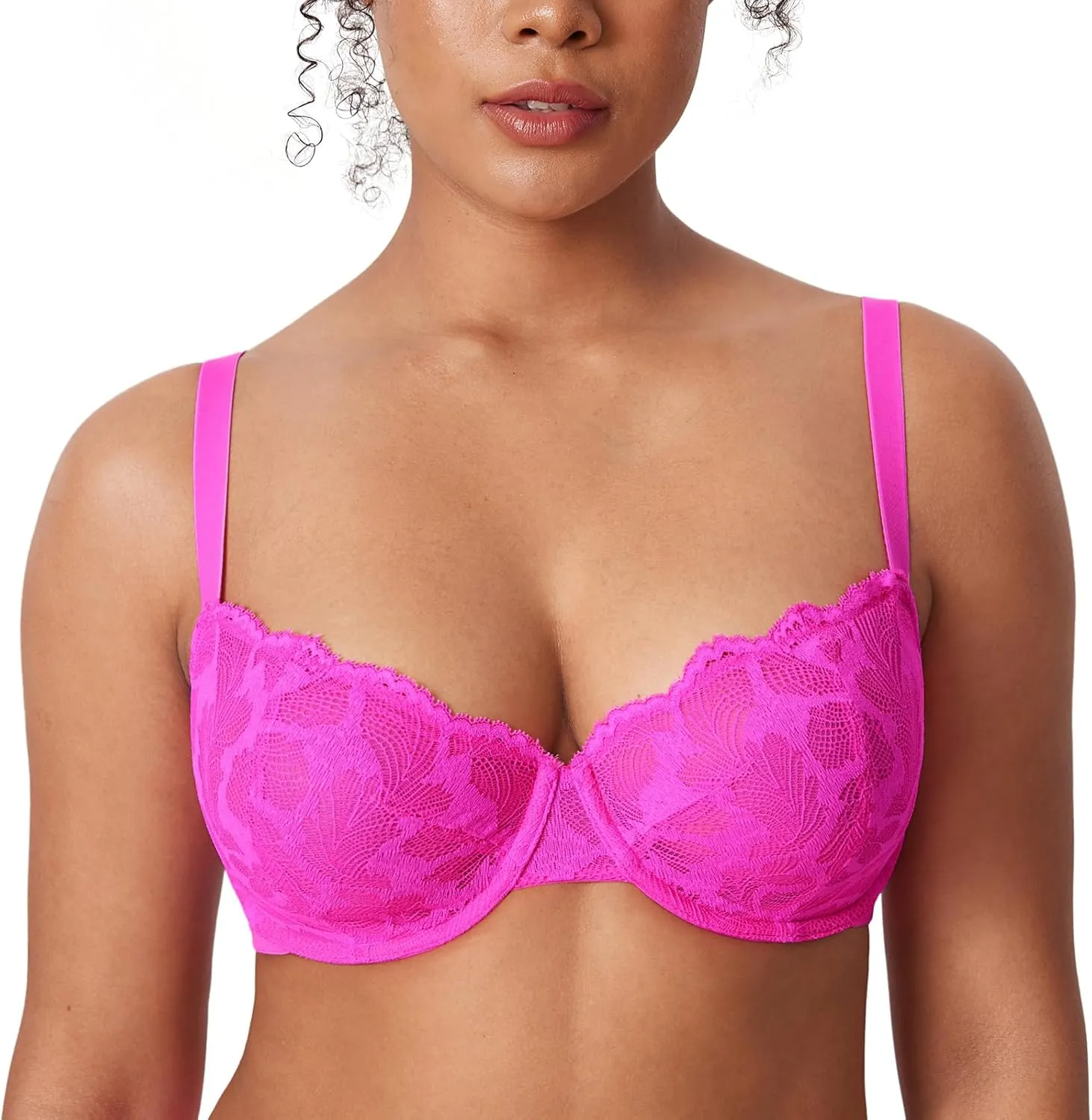 DELIMIRA Women's Balconette Bra Plus Size Lace Sexy Underwire Unlined Push Up See Through Bras