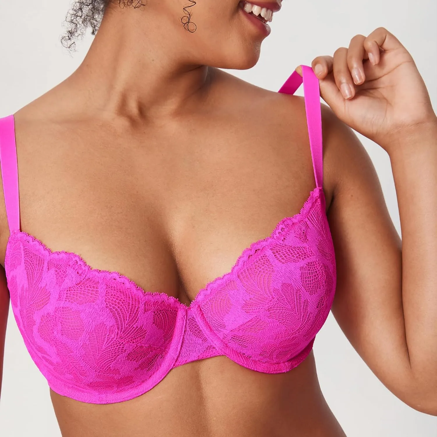 DELIMIRA Women's Balconette Bra Plus Size Lace Sexy Underwire Unlined Push Up See Through Bras