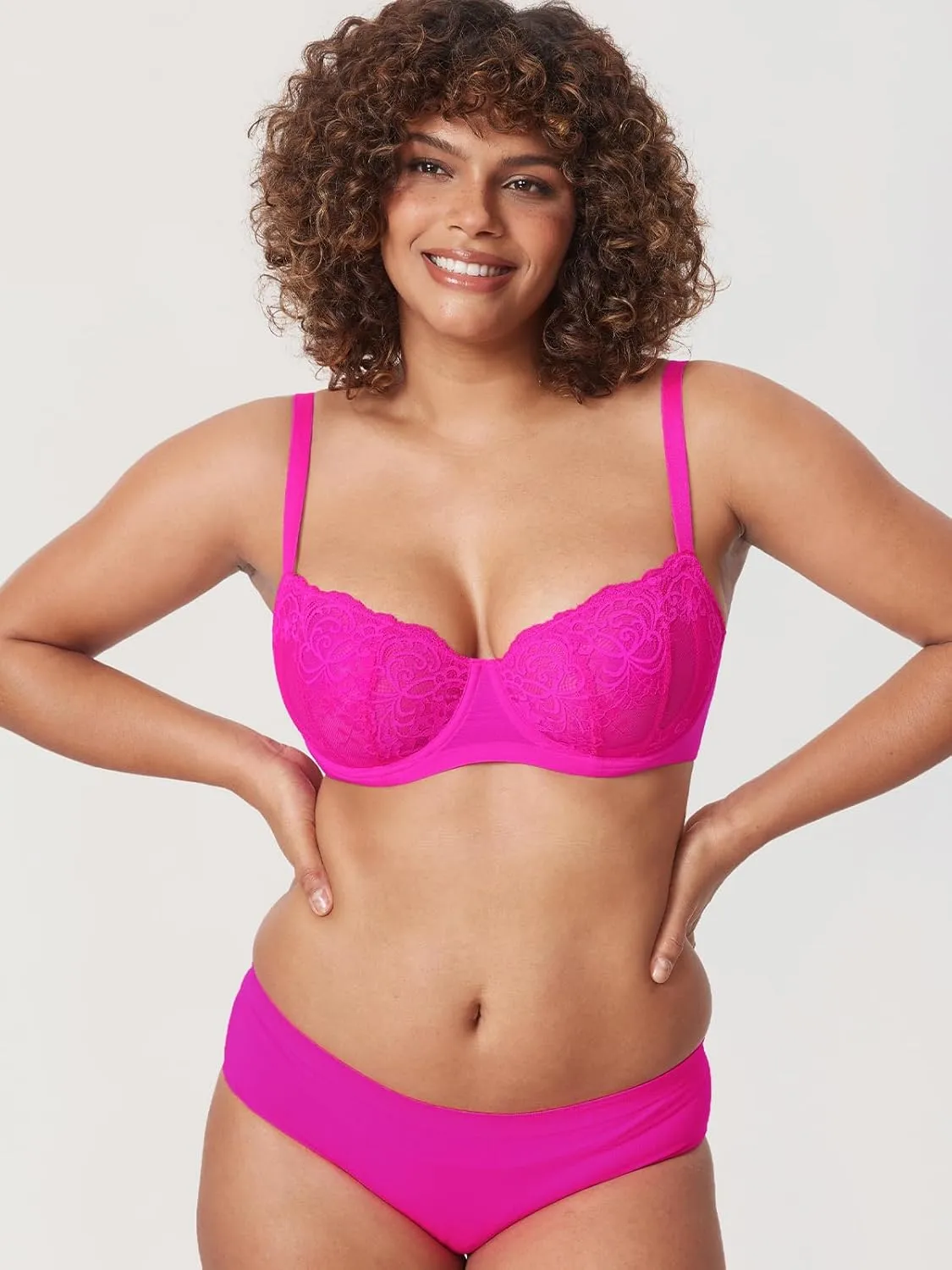DELIMIRA Women's Balconette Lace Bra Plus Size Sexy See Through Unlined Underwire Bras