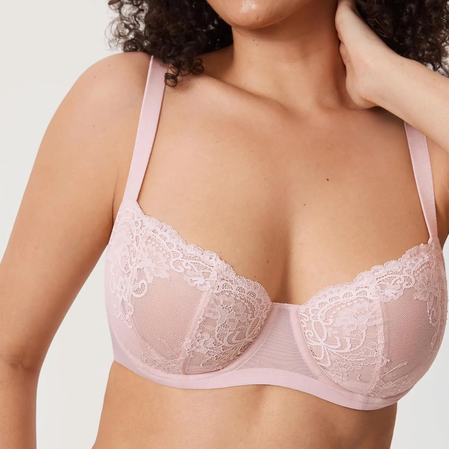 DELIMIRA Women's Balconette Lace Bra Plus Size Sexy See Through Unlined Underwire Bras