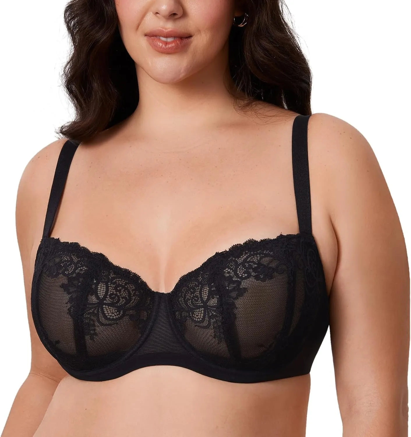 DELIMIRA Women's Balconette Lace Bra Plus Size Sexy See Through Unlined Underwire Bras