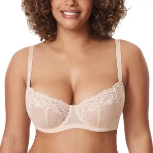 DELIMIRA Women's Balconette Lace Bra Plus Size Sexy See Through Unlined Underwire Bras