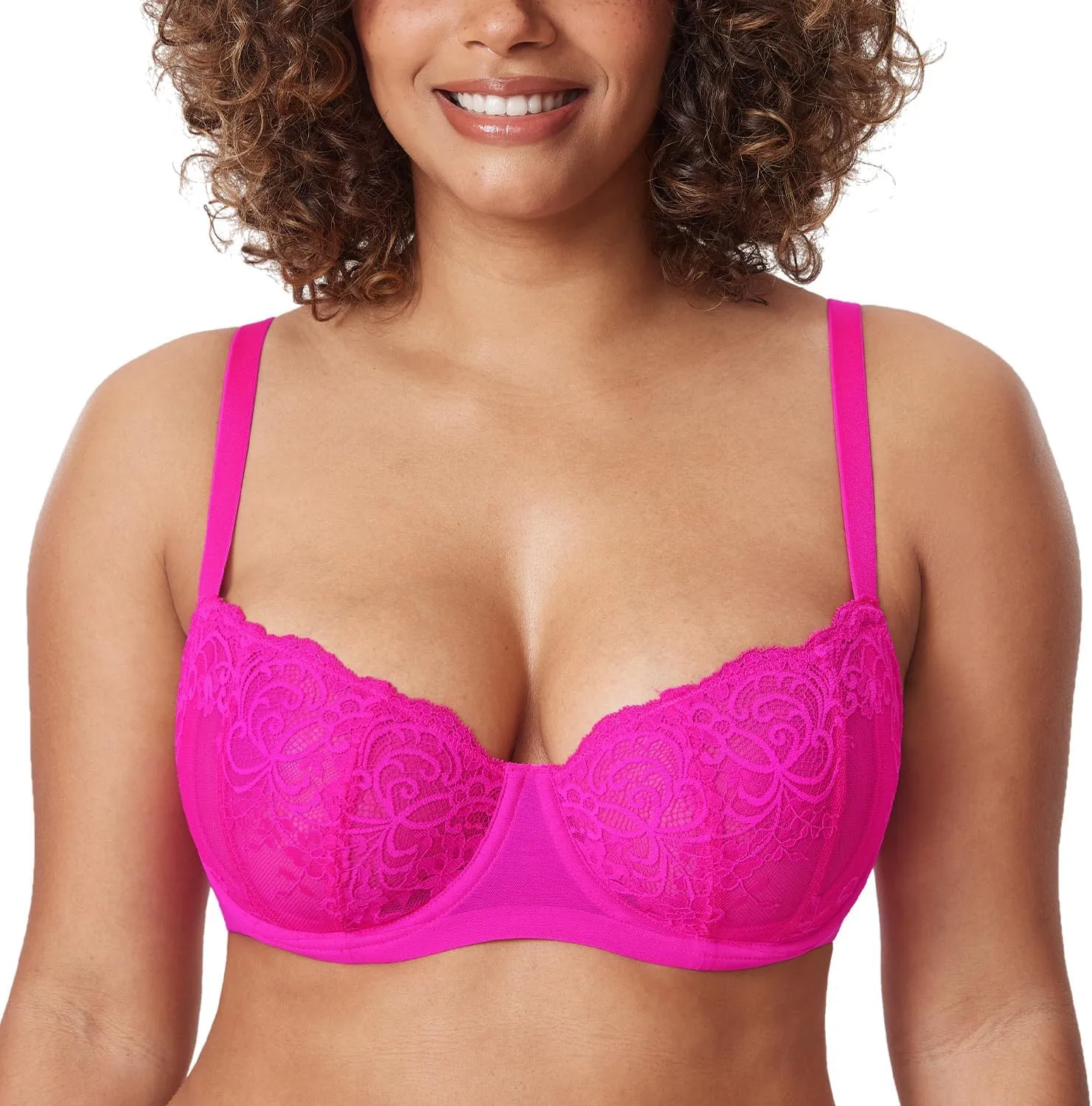 DELIMIRA Women's Balconette Lace Bra Plus Size Sexy See Through Unlined Underwire Bras