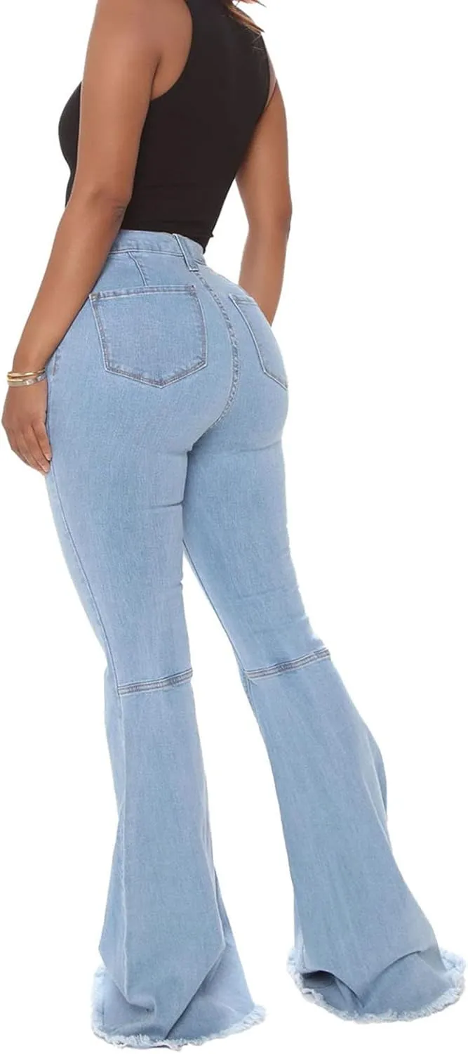 DGHM-JLMY Women's Slim Stretch Denim Flared Pants Fashion Skinny Bell Bottom Jeans High Waisted Straight Slim Fit Denim Pants