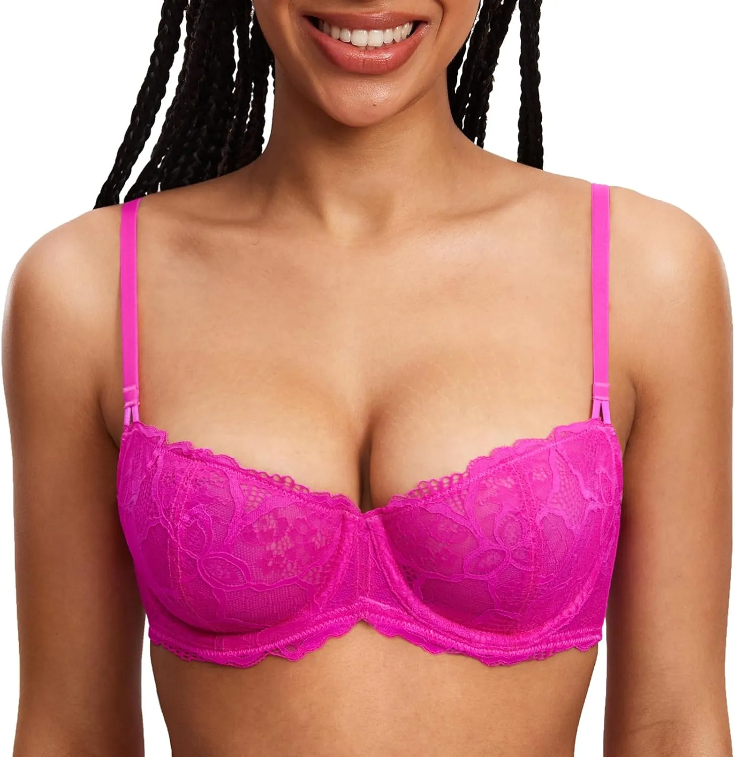 DOBREVA Women's Balconette Push Up Bra Sexy Lace Plus Size Unlined Sheer Underwire
