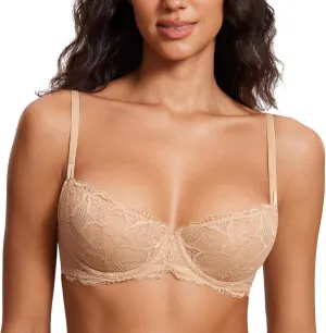 DOBREVA Women's Balconette Push Up Bra Sexy Lace Plus Size Unlined Sheer Underwire