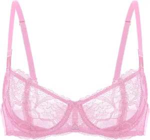 DOBREVA Women's Balconette Push Up Bra Sexy Lace Plus Size Unlined Sheer Underwire