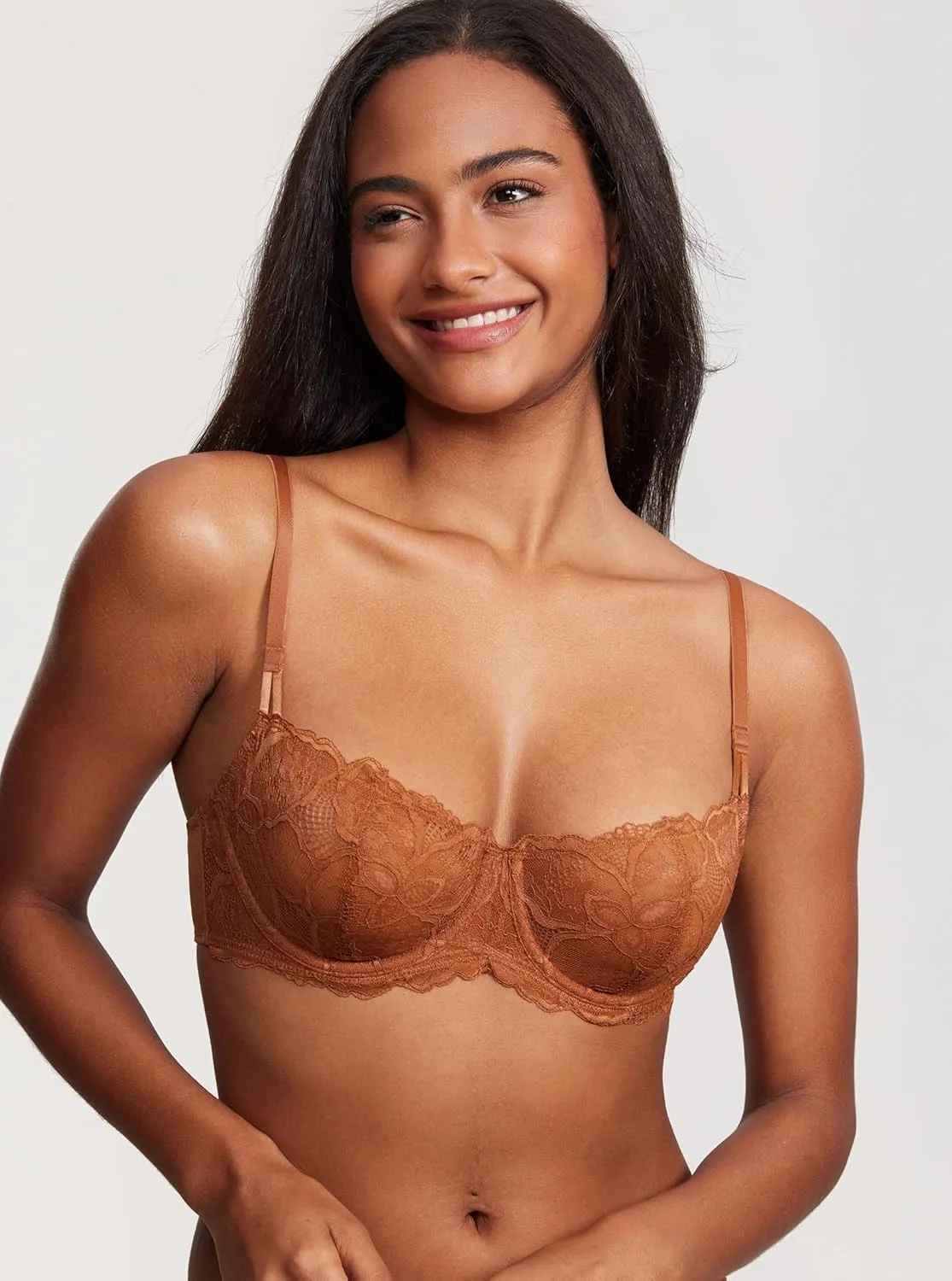 DOBREVA Women's Balconette Push Up Bra Sexy Lace Plus Size Unlined Sheer Underwire