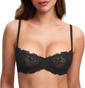 DOBREVA Women's Balconette Push Up Bra Sexy Lace Plus Size Unlined Sheer Underwire