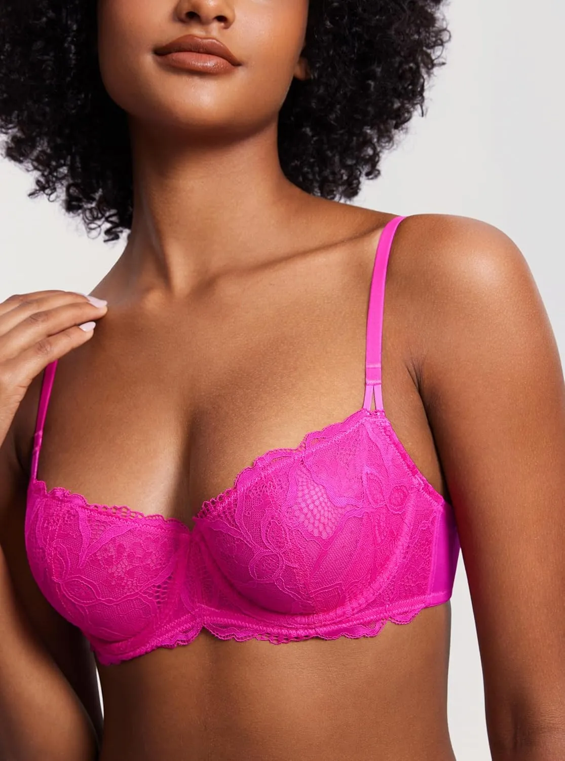 DOBREVA Women's Balconette Push Up Bra Sexy Lace Plus Size Unlined Sheer Underwire