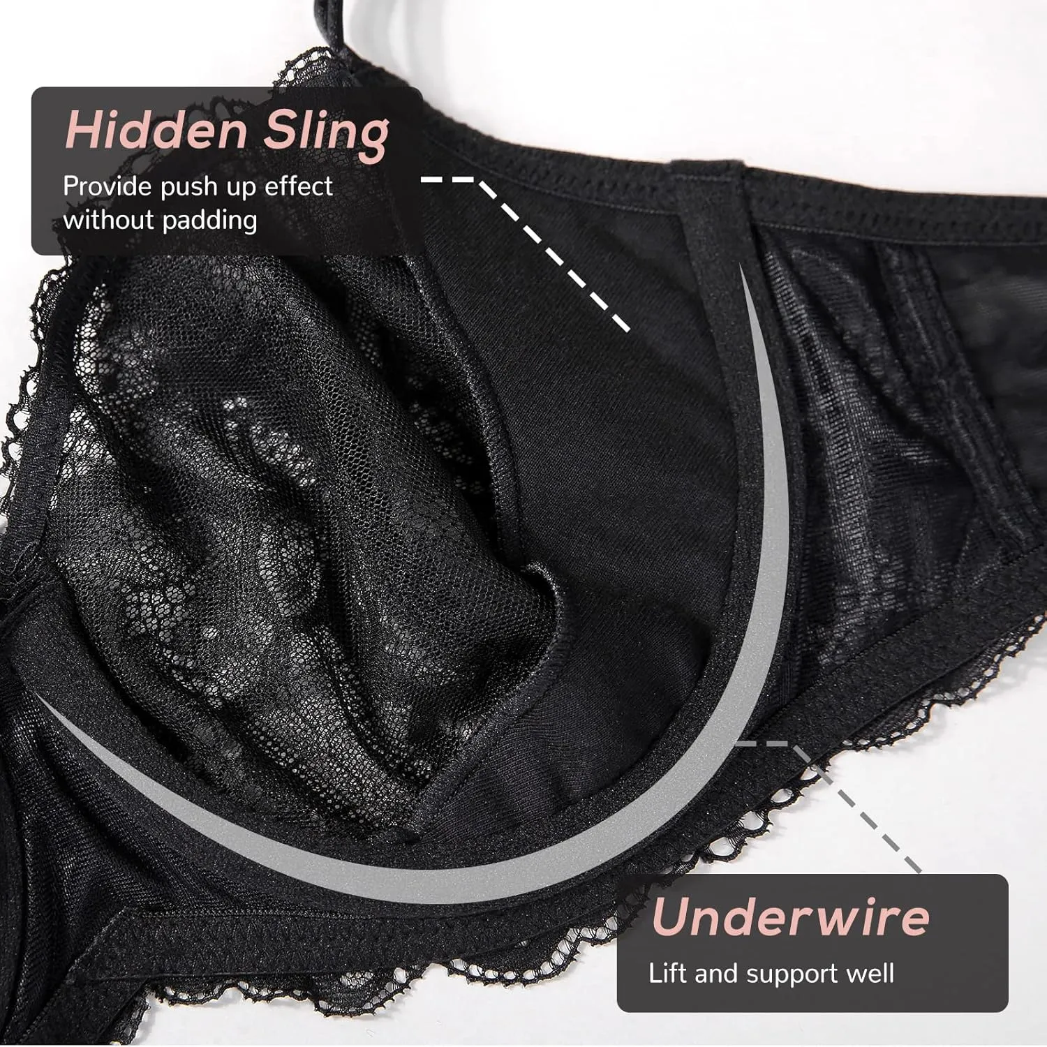 DOBREVA Women's Balconette Push Up Bra Sexy Lace Plus Size Unlined Sheer Underwire