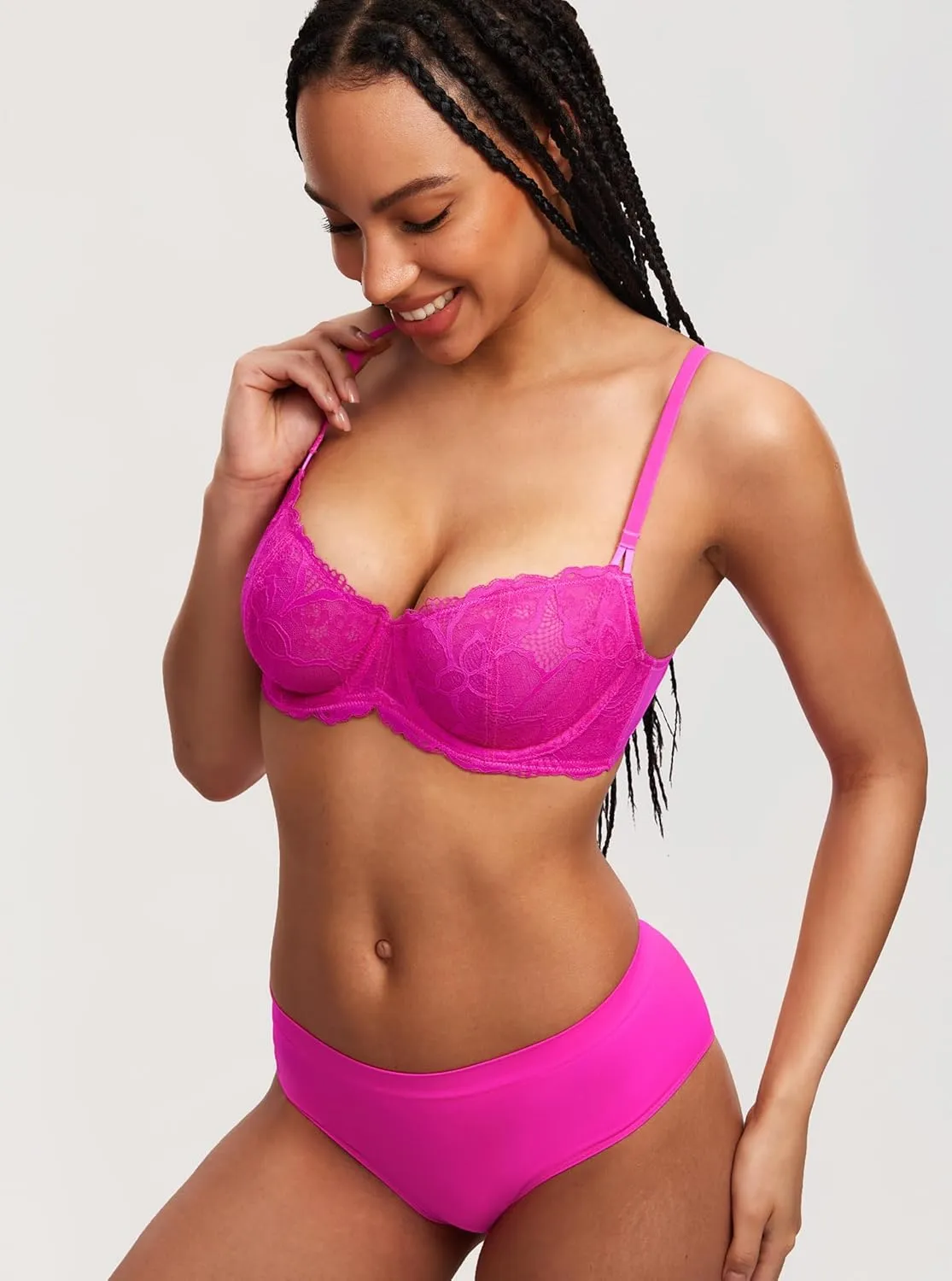 DOBREVA Women's Balconette Push Up Bra Sexy Lace Plus Size Unlined Sheer Underwire