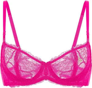 DOBREVA Women's Balconette Push Up Bra Sexy Lace Plus Size Unlined Sheer Underwire