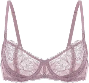 DOBREVA Women's Balconette Push Up Bra Sexy Lace Plus Size Unlined Sheer Underwire