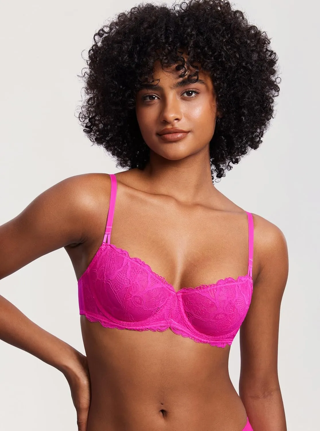 DOBREVA Women's Balconette Push Up Bra Sexy Lace Plus Size Unlined Sheer Underwire