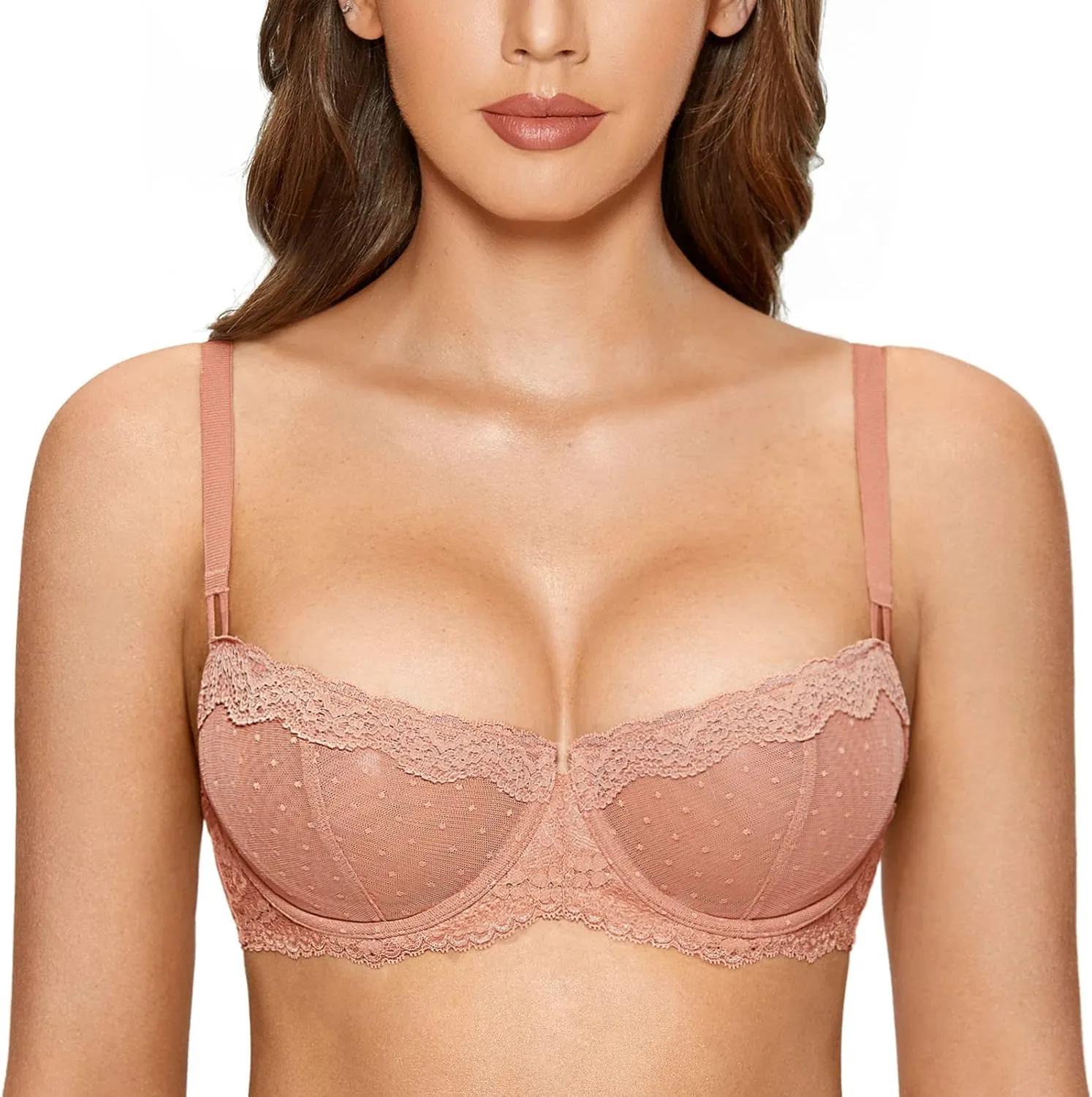 DOBREVA Women's Sexy Lace Bra Underwire Balconette Unlined Demi Sheer Plus Size