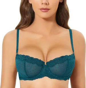 DOBREVA Women's Sexy Lace Bra Underwire Balconette Unlined Demi Sheer Plus Size