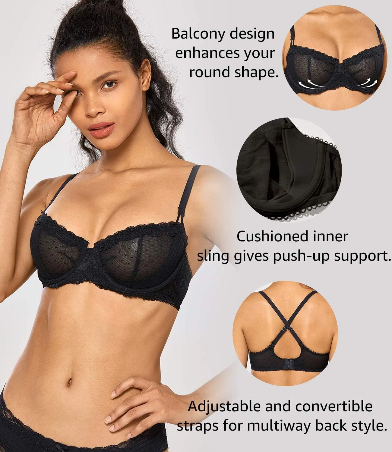 DOBREVA Women's Sexy Lace Bra Underwire Balconette Unlined Demi Sheer Plus Size