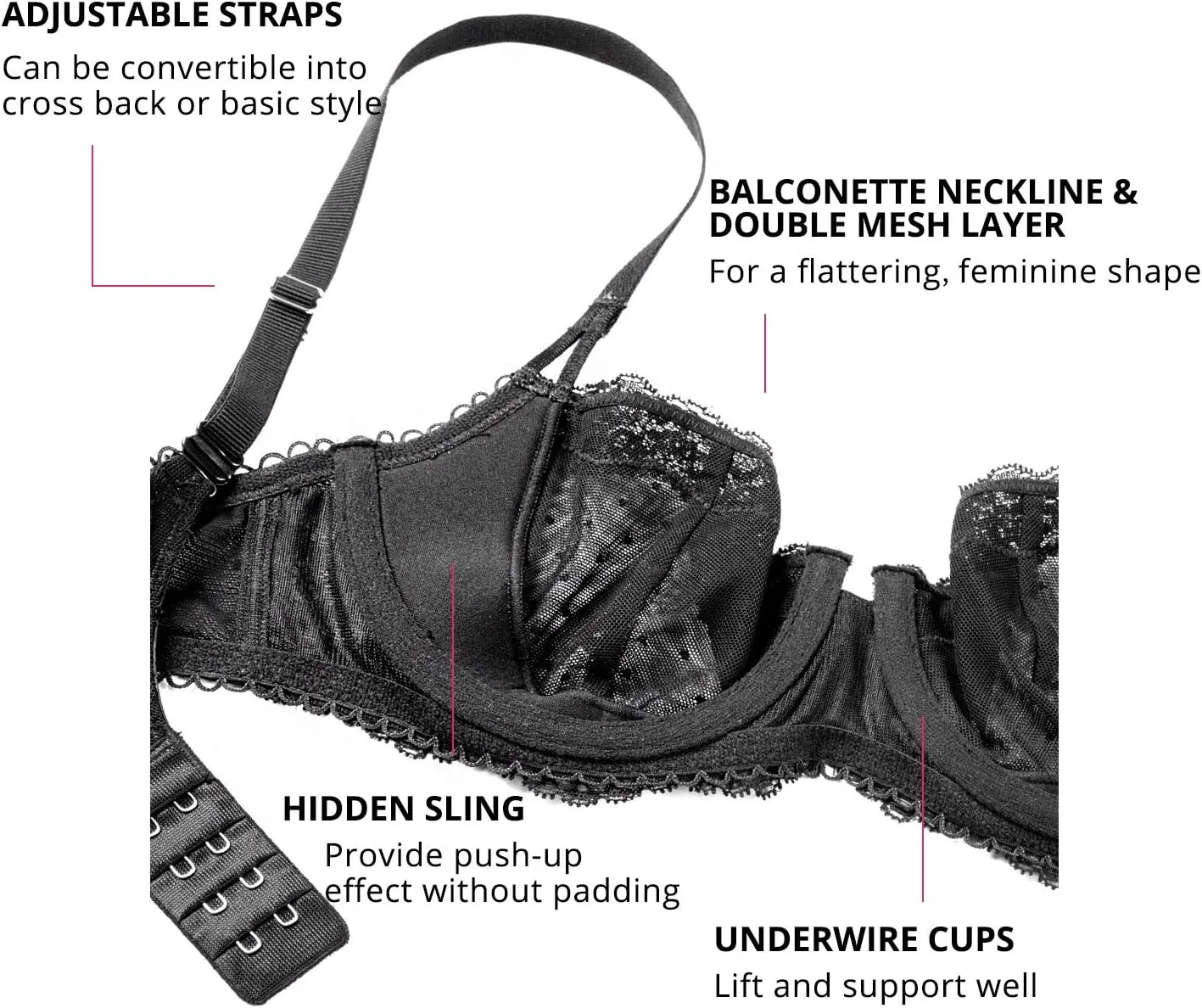 DOBREVA Women's Sexy Lace Bra Underwire Balconette Unlined Demi Sheer Plus Size