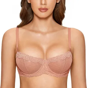 DOBREVA Women's Sexy Lace Bra Underwire Balconette Unlined Demi Sheer Plus Size
