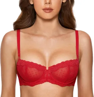 DOBREVA Women's Sexy Lace Bra Underwire Balconette Unlined Demi Sheer Plus Size
