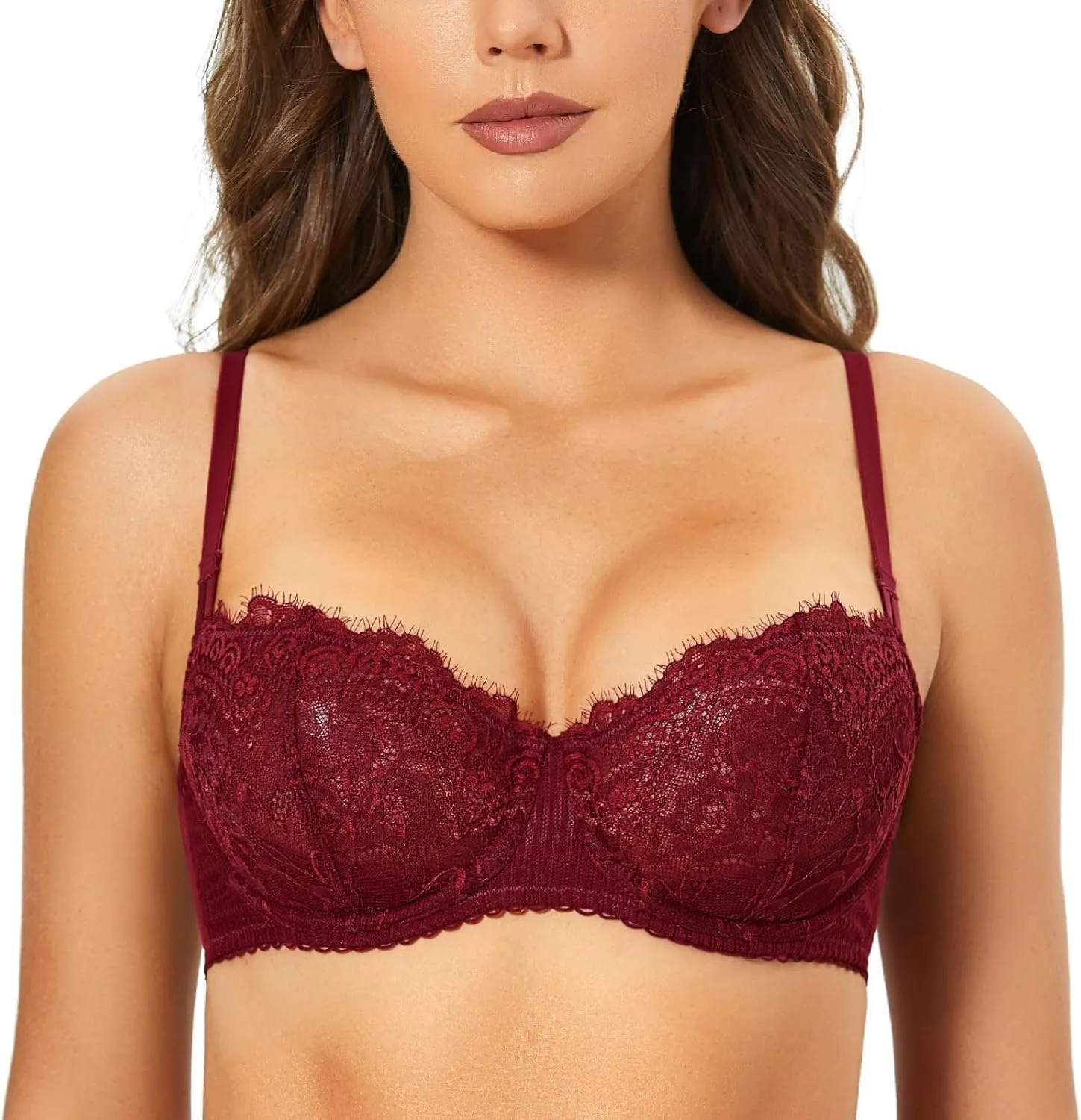 DOBREVA Women's Sexy Lace Push Up Plus Size Bra Sheer Balconette Underwire Unlined