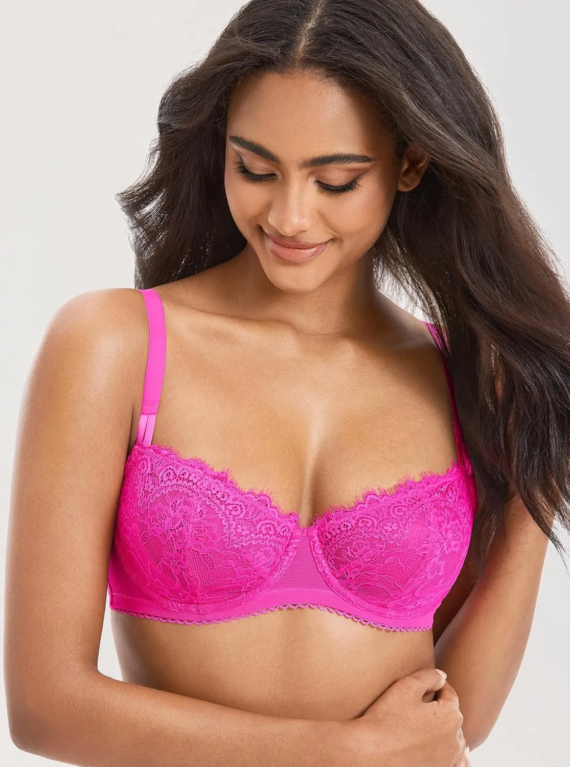 DOBREVA Women's Sexy Lace Push Up Plus Size Bra Sheer Balconette Underwire Unlined