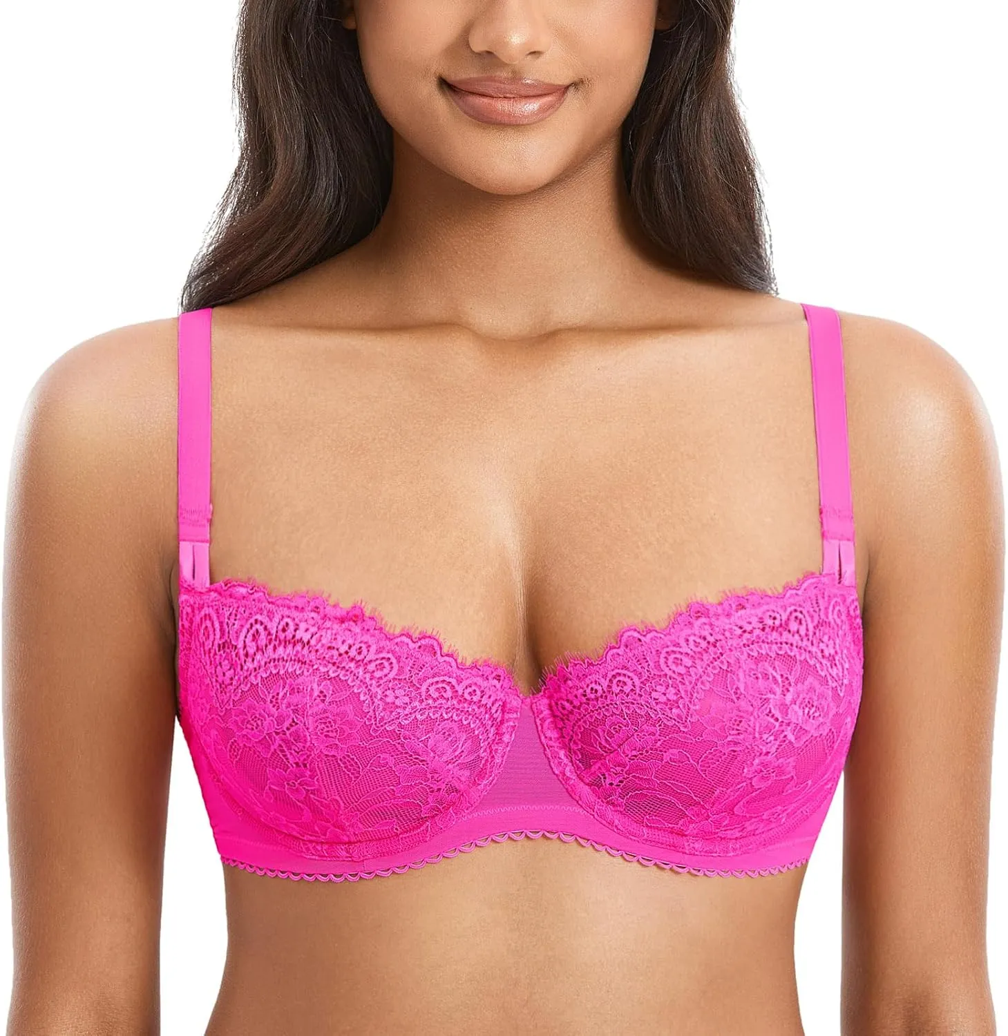 DOBREVA Women's Sexy Lace Push Up Plus Size Bra Sheer Balconette Underwire Unlined