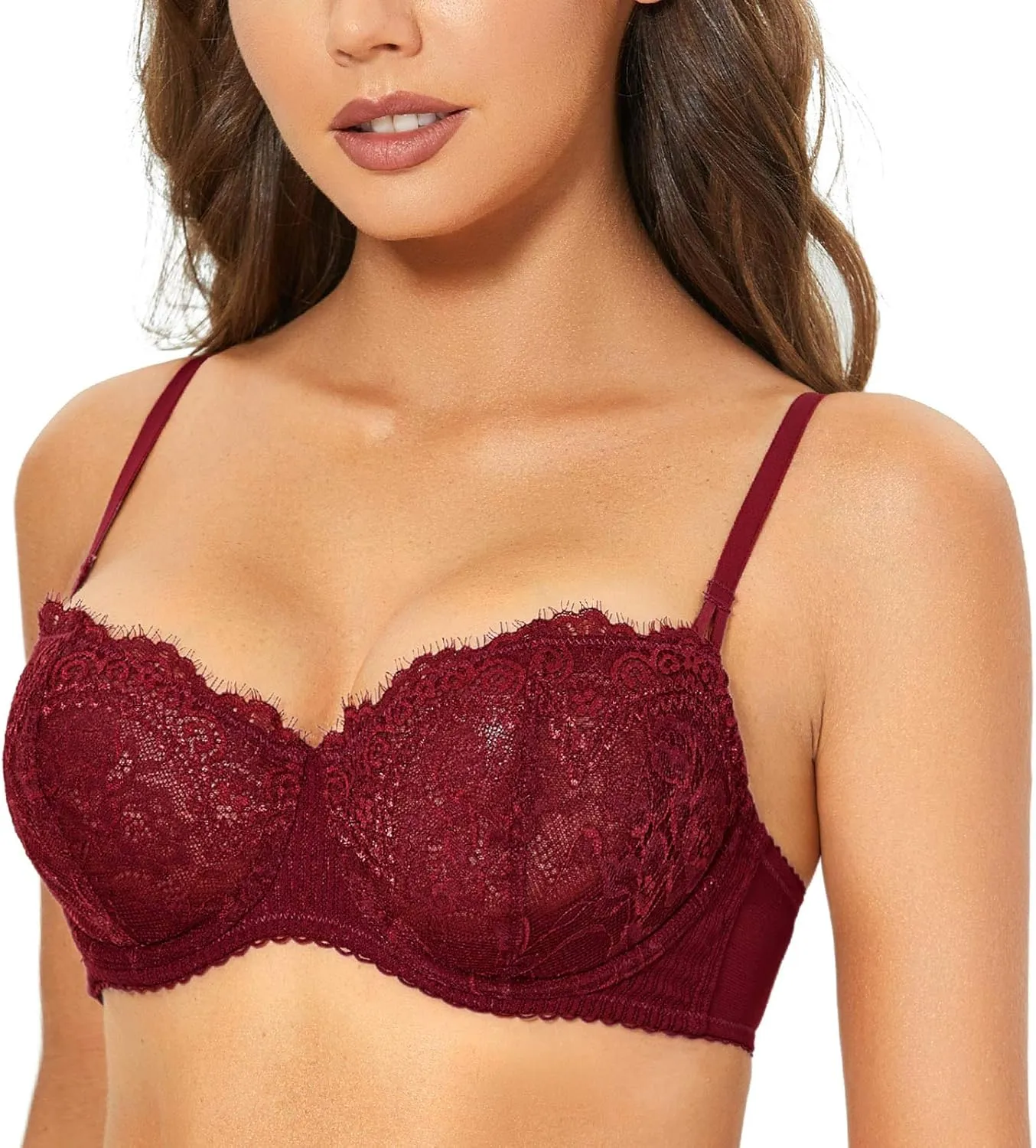 DOBREVA Women's Sexy Lace Push Up Plus Size Bra Sheer Balconette Underwire Unlined