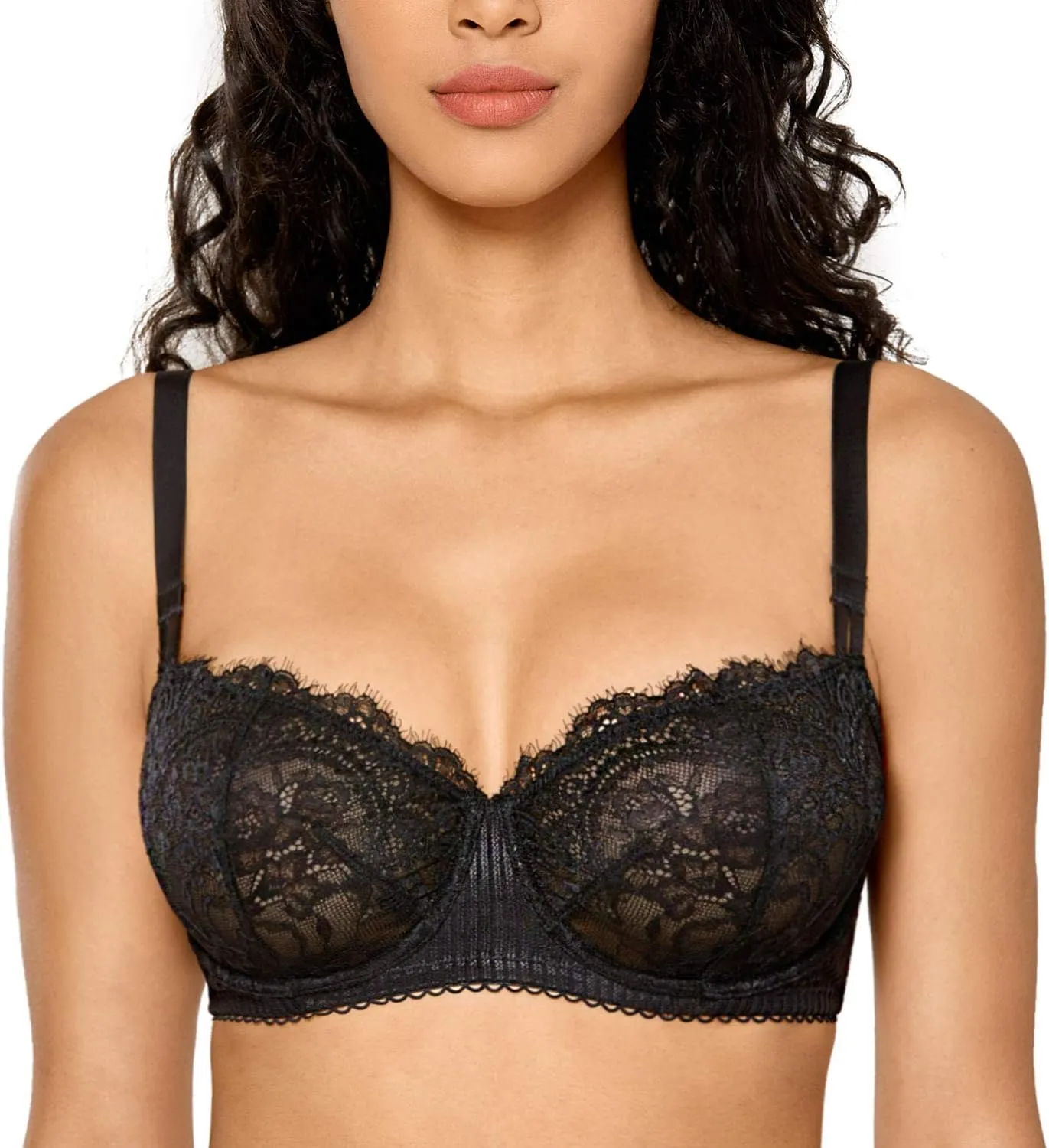 DOBREVA Women's Sexy Lace Push Up Plus Size Bra Sheer Balconette Underwire Unlined