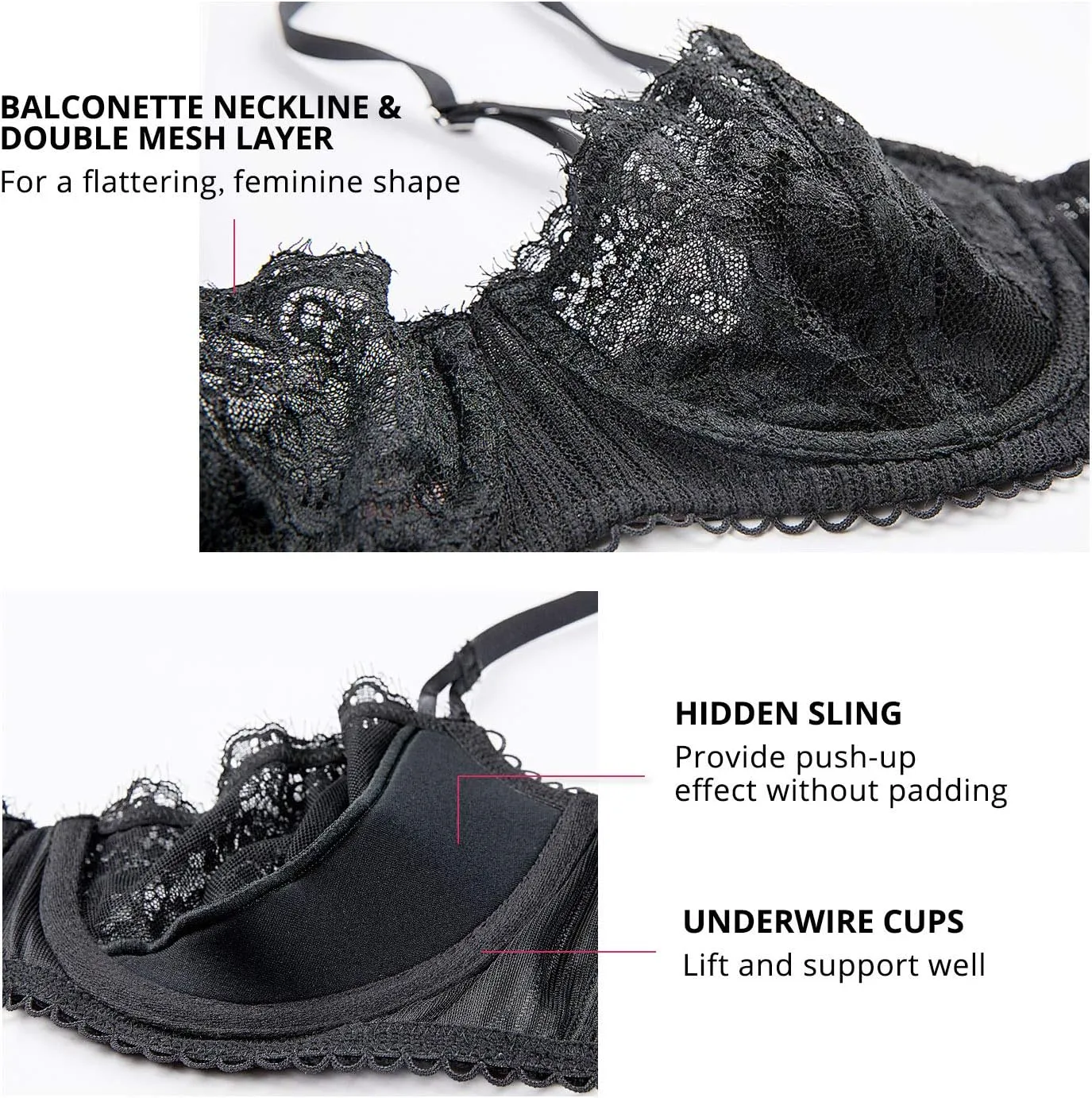 DOBREVA Women's Sexy Lace Push Up Plus Size Bra Sheer Balconette Underwire Unlined