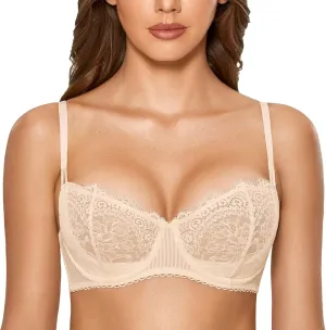 DOBREVA Women's Sexy Lace Push Up Plus Size Bra Sheer Balconette Underwire Unlined
