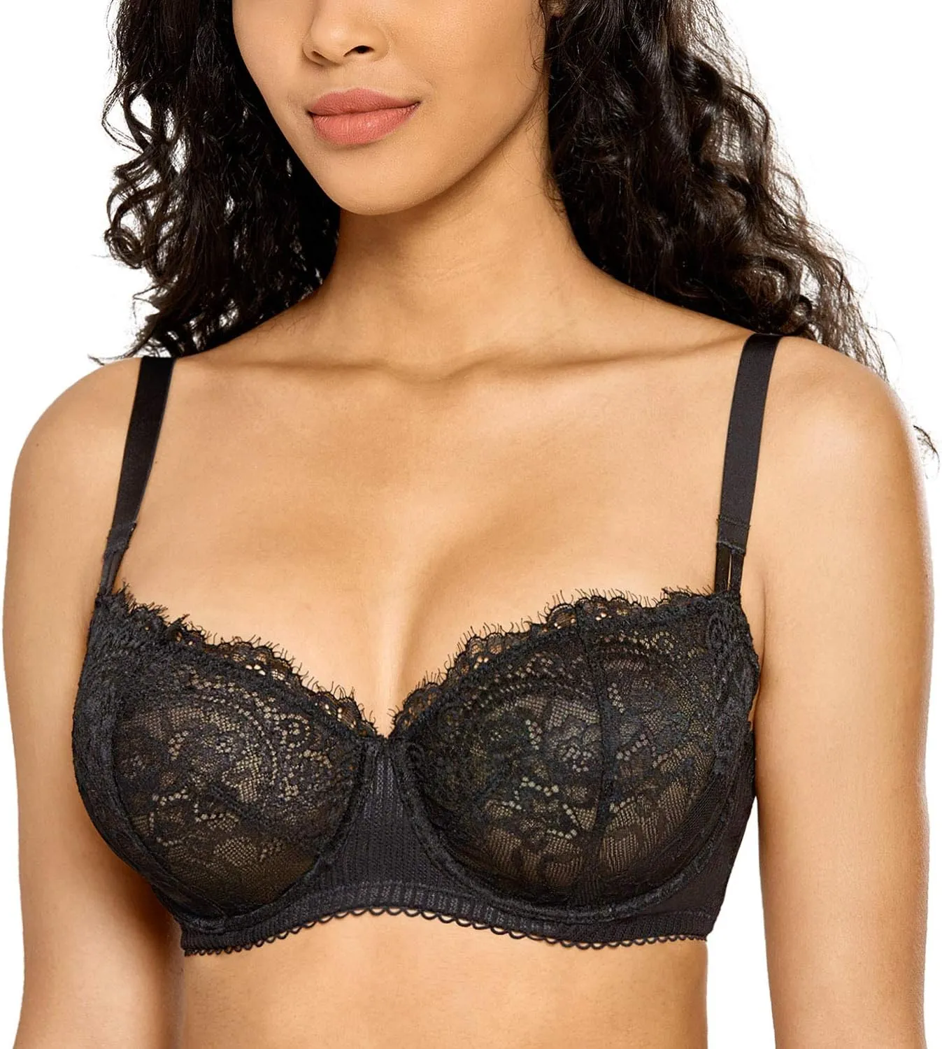 DOBREVA Women's Sexy Lace Push Up Plus Size Bra Sheer Balconette Underwire Unlined