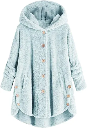 DOLKFU Women's Sherpa Hoodies Coats Button Outwear Jackets Fuzzy Fleece Trench Long Jacket 2022 Fall Winter Cute Hooded