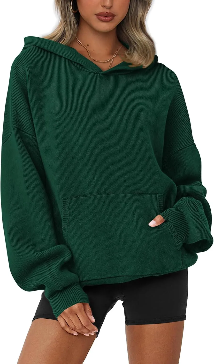 dowerme Women Oversized Sweaters 2025 Lantern Long Sleeve Drop Shoulder Chunky Knit Hooded Pullover Sweater With Pocket