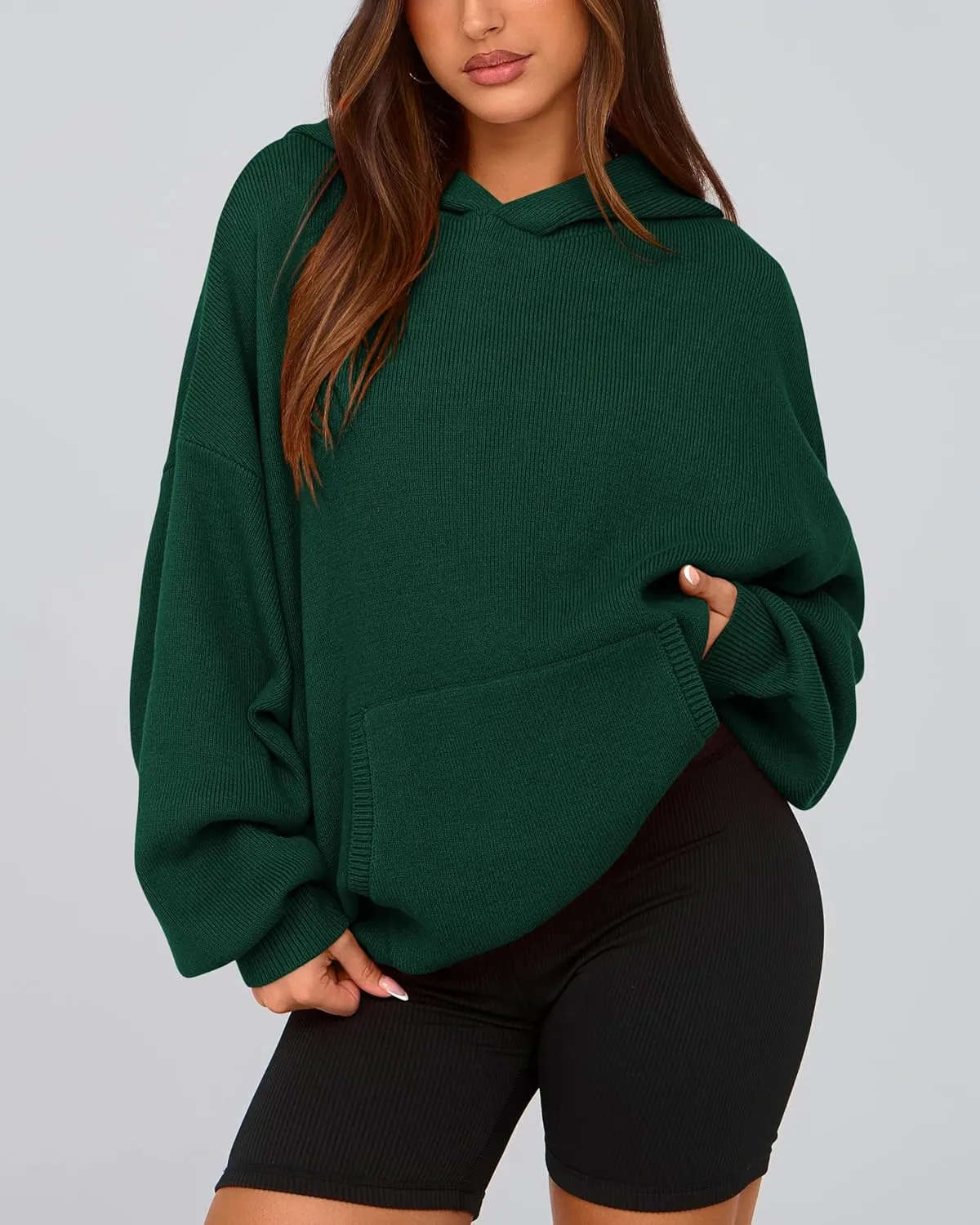 dowerme Women Oversized Sweaters 2025 Lantern Long Sleeve Drop Shoulder Chunky Knit Hooded Pullover Sweater With Pocket