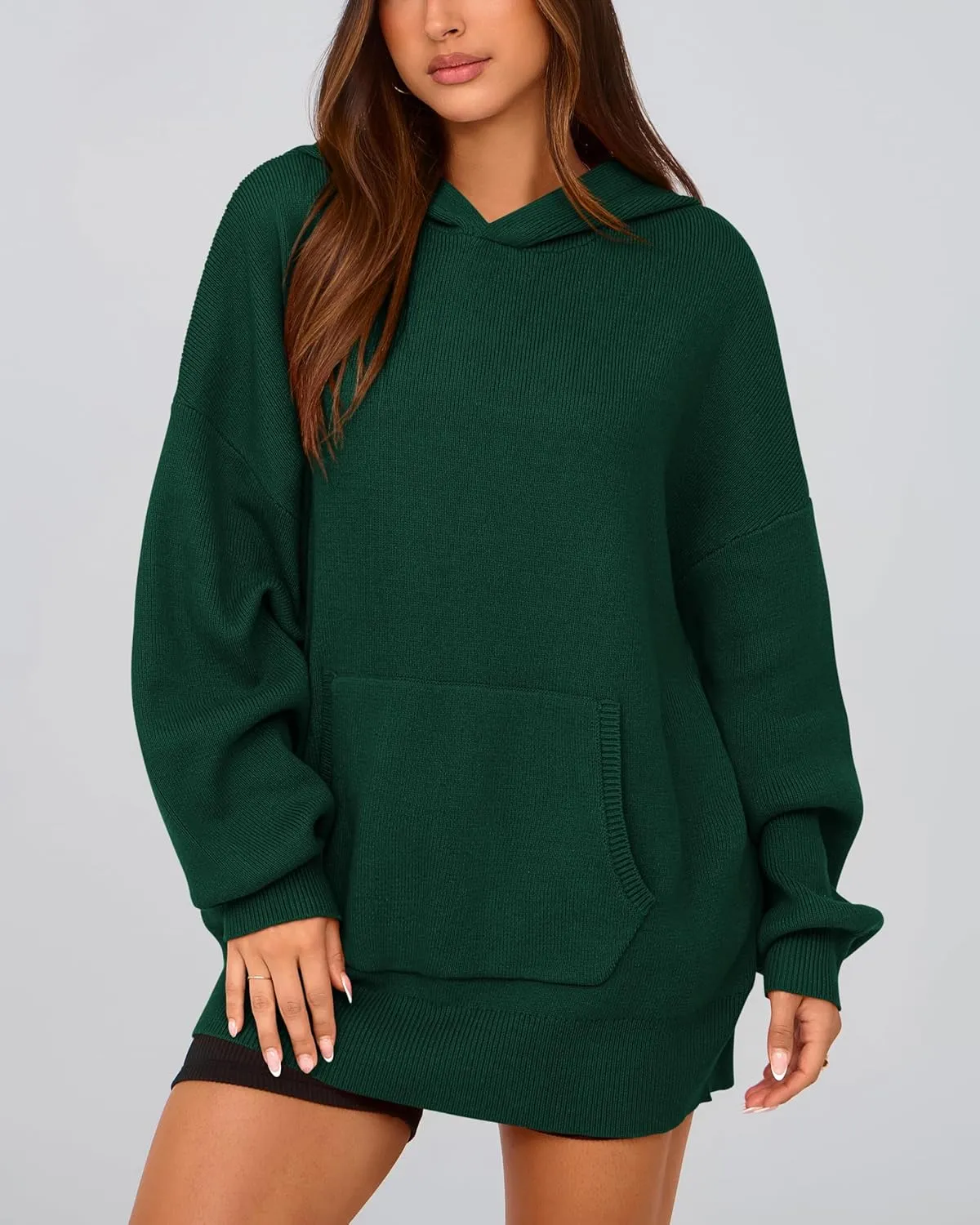 dowerme Women Oversized Sweaters 2025 Lantern Long Sleeve Drop Shoulder Chunky Knit Hooded Pullover Sweater With Pocket