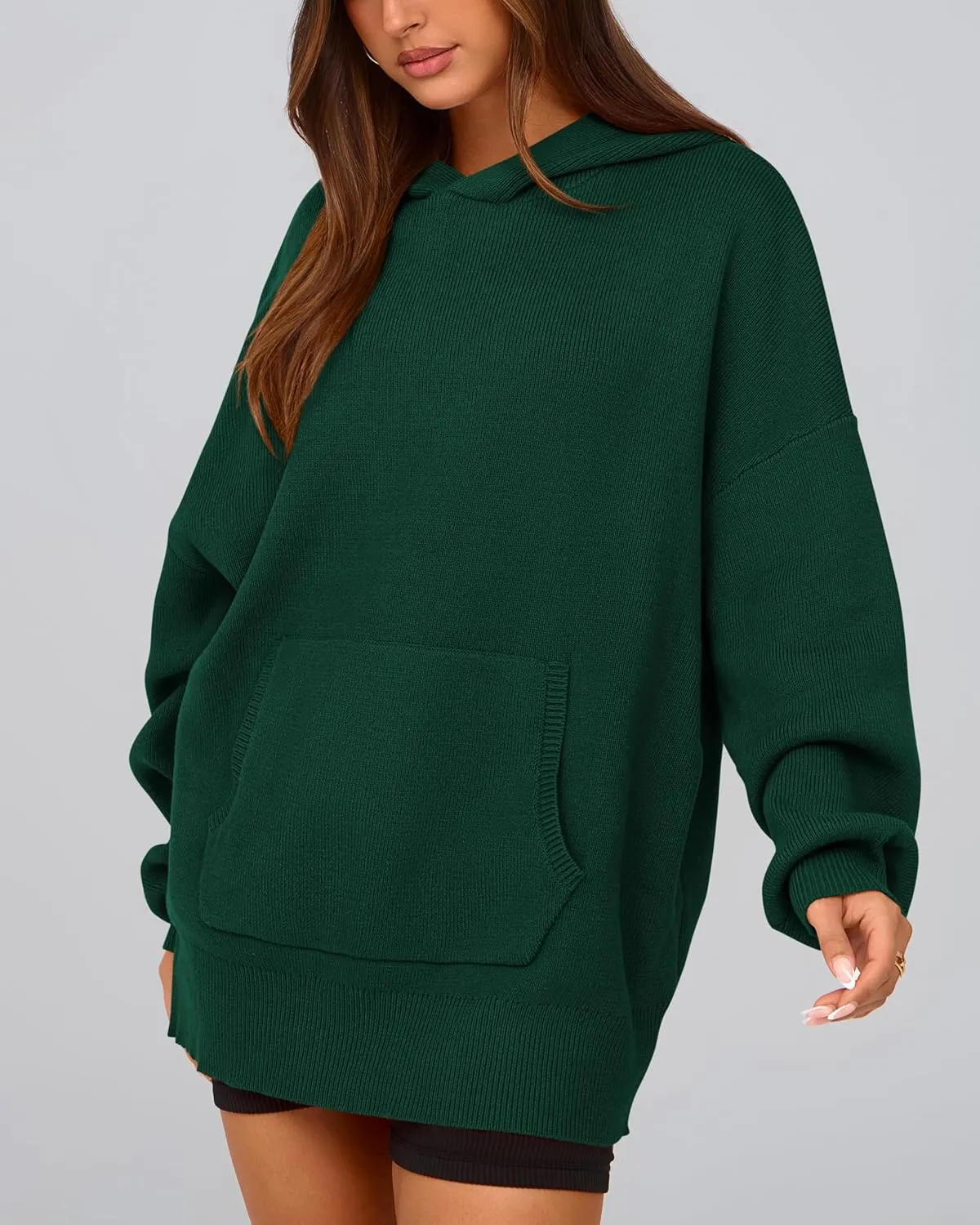 dowerme Women Oversized Sweaters 2025 Lantern Long Sleeve Drop Shoulder Chunky Knit Hooded Pullover Sweater With Pocket