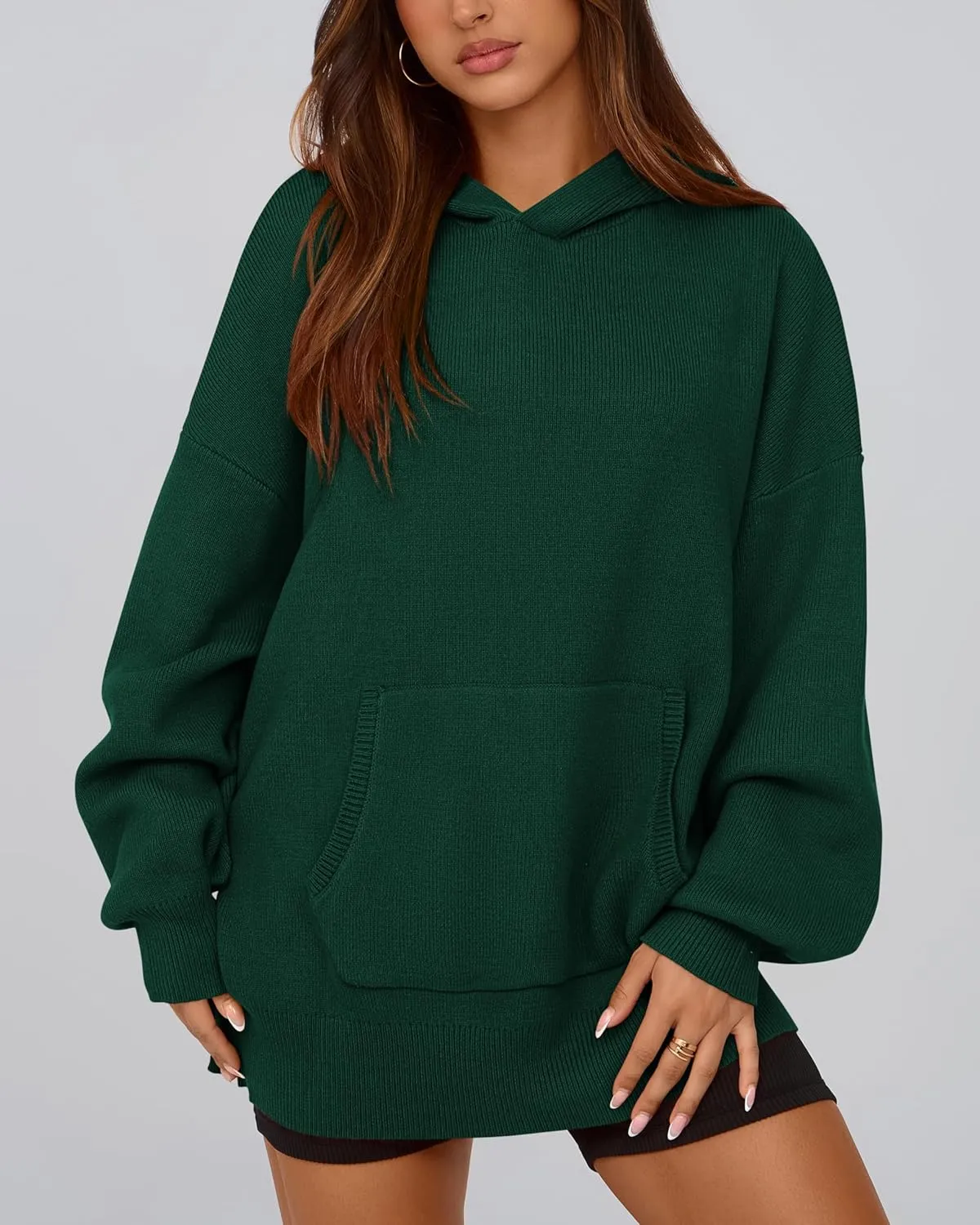 dowerme Women Oversized Sweaters 2025 Lantern Long Sleeve Drop Shoulder Chunky Knit Hooded Pullover Sweater With Pocket