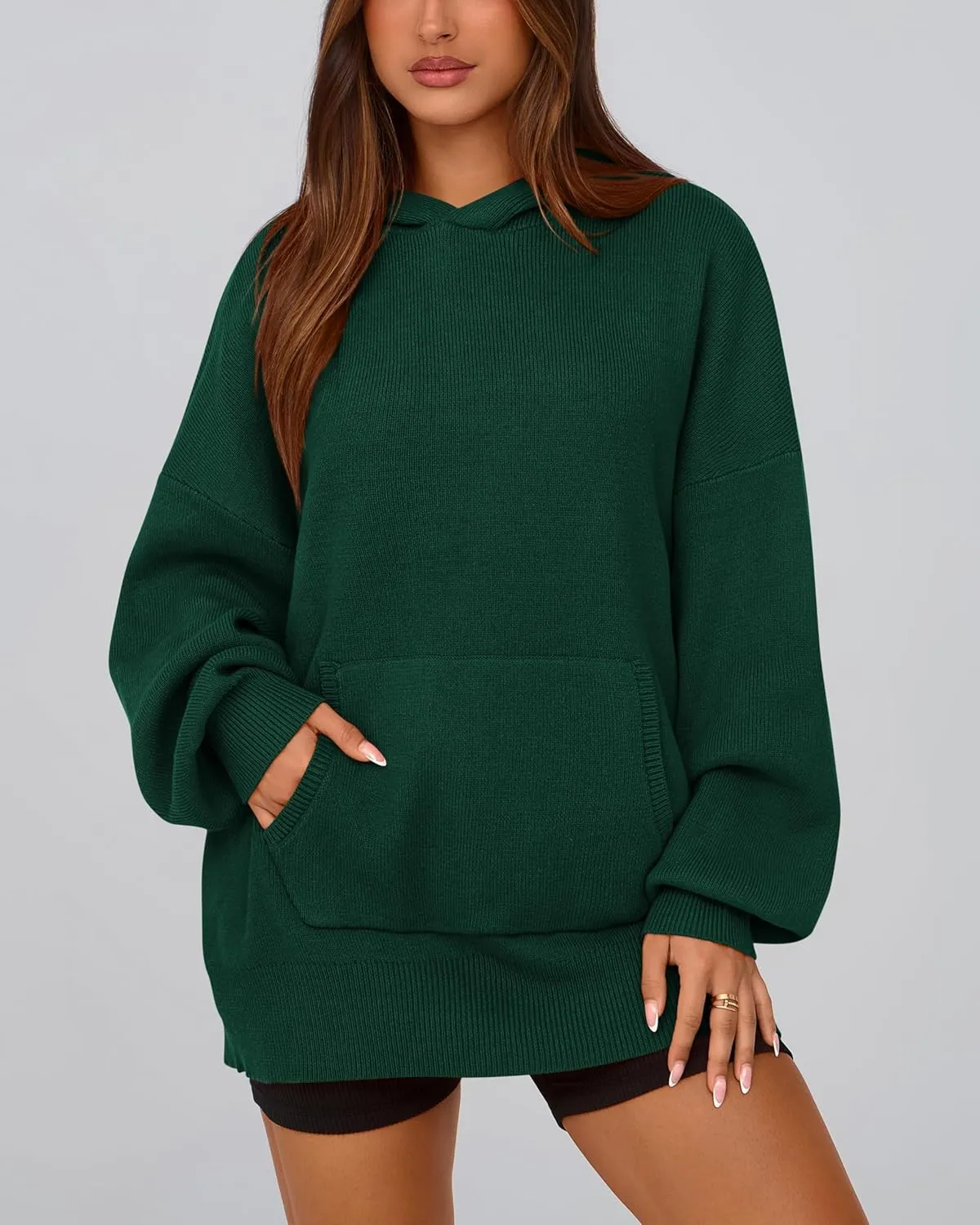 dowerme Women Oversized Sweaters 2025 Lantern Long Sleeve Drop Shoulder Chunky Knit Hooded Pullover Sweater With Pocket