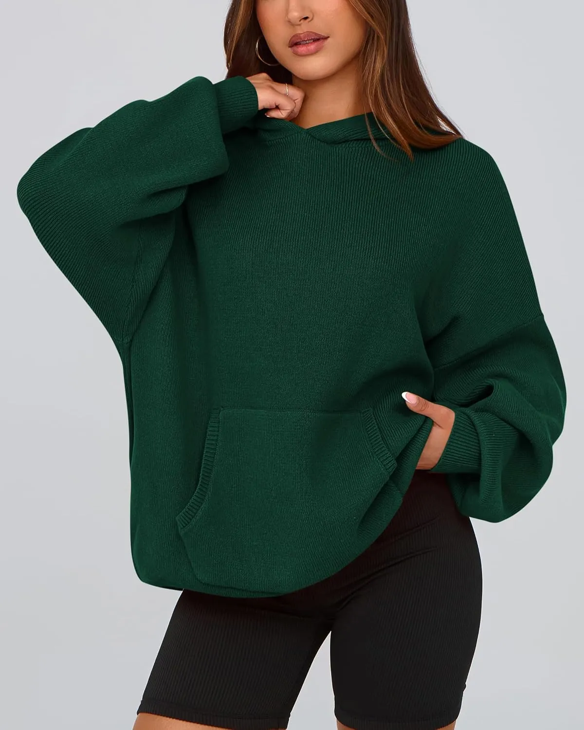 dowerme Women Oversized Sweaters 2025 Lantern Long Sleeve Drop Shoulder Chunky Knit Hooded Pullover Sweater With Pocket