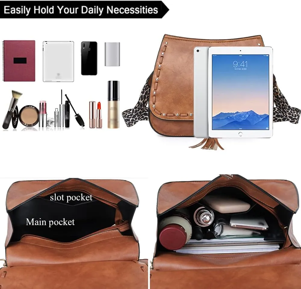 Downupdown Women Crossbody Bags Vintage Satchel Handbags with Leopard Shoulder Strap Vegan Leather Shoulder Bag Flap Purse