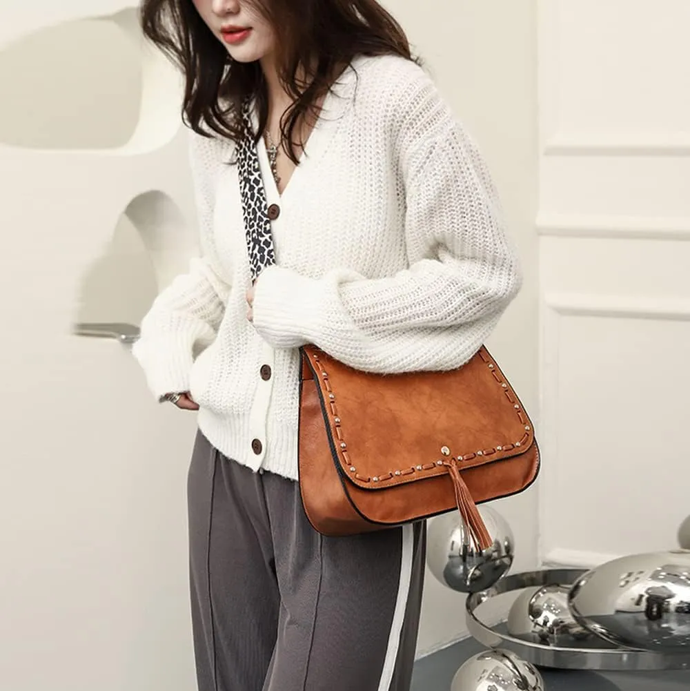 Downupdown Women Crossbody Bags Vintage Satchel Handbags with Leopard Shoulder Strap Vegan Leather Shoulder Bag Flap Purse