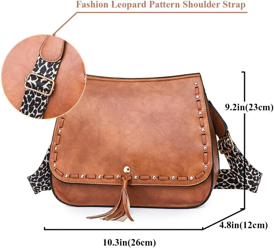 Downupdown Women Crossbody Bags Vintage Satchel Handbags with Leopard Shoulder Strap Vegan Leather Shoulder Bag Flap Purse