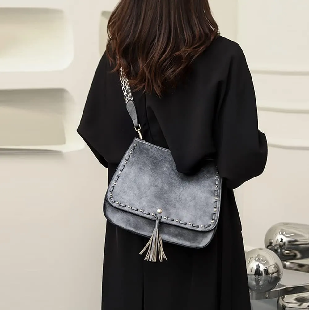 Downupdown Women Crossbody Bags Vintage Satchel Handbags with Leopard Shoulder Strap Vegan Leather Shoulder Bag Flap Purse