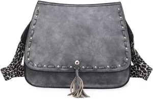 Downupdown Women Crossbody Bags Vintage Satchel Handbags with Leopard Shoulder Strap Vegan Leather Shoulder Bag Flap Purse