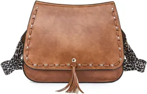 Downupdown Women Crossbody Bags Vintage Satchel Handbags with Leopard Shoulder Strap Vegan Leather Shoulder Bag Flap Purse