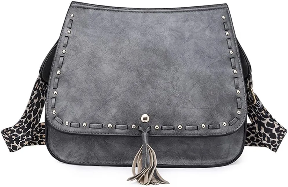Downupdown Women Crossbody Bags Vintage Satchel Handbags with Leopard Shoulder Strap Vegan Leather Shoulder Bag Flap Purse