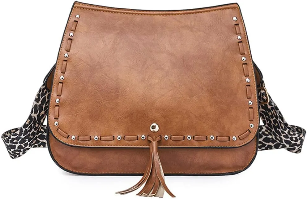 Downupdown Women Crossbody Bags Vintage Satchel Handbags with Leopard Shoulder Strap Vegan Leather Shoulder Bag Flap Purse